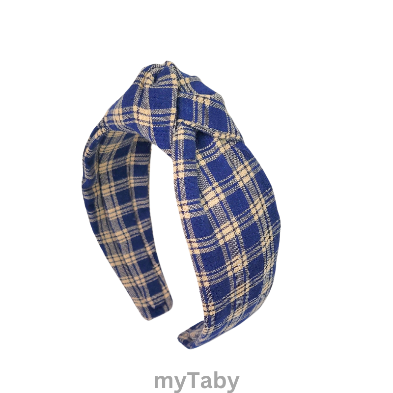 Navy Blue Plaid Top Knot Headband