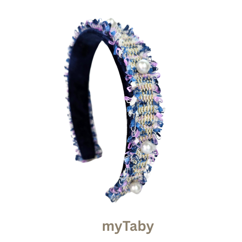 Navy Blue Fringe Edges Headband with Pearls