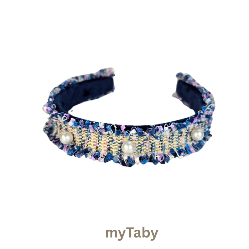 Navy Blue Fringe Edges Headband with Pearls