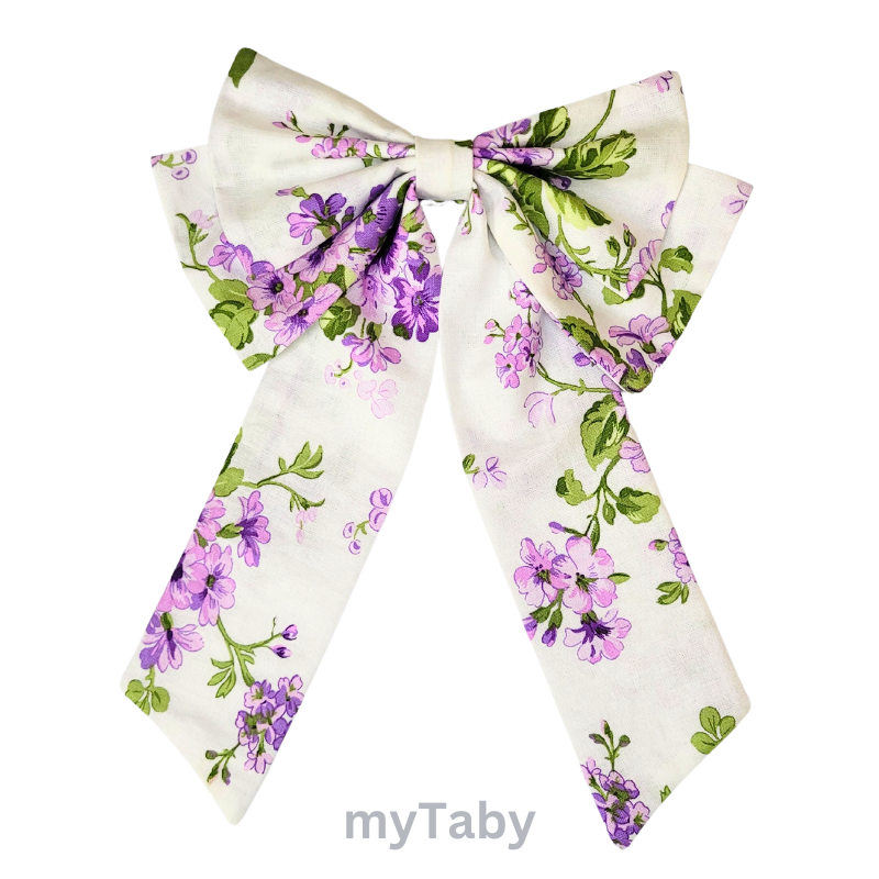 Purple Floral Lilac Long Tail Hair Bow