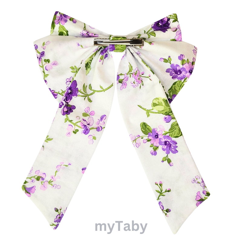 Purple Floral Lilac Long Tail Hair Bow