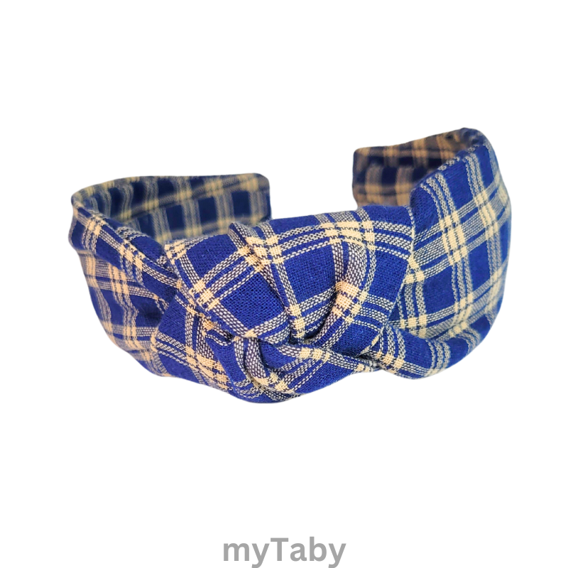 Navy Blue Plaid Top Knot Headband