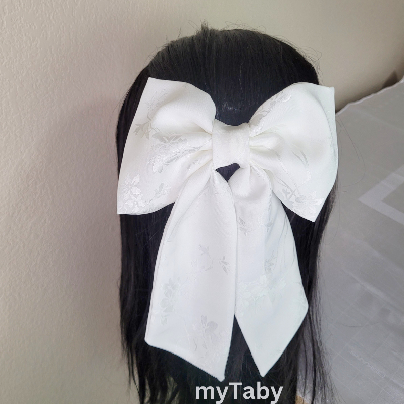 White Floral Long Tail Hair Bow