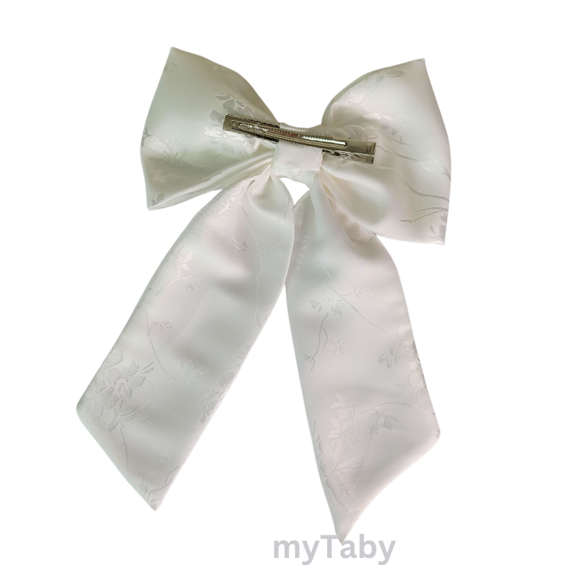 White Floral Long Tail Hair Bow